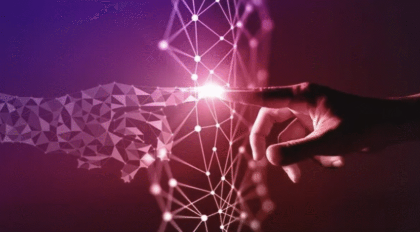 A finger touching a glowing network of interconnected nodes and lines, symbolizing digital communication or technology.